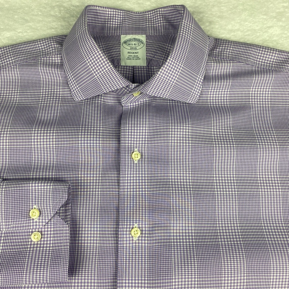 Brooks Brothers 1818 Regent Dress Shirt Purple Check Non-Iron 16.5 6/7 Mens